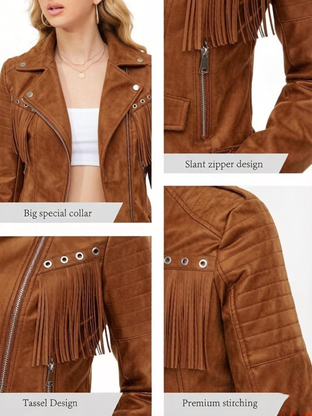 Women's Brown Faux Suede Tassel Jackets With Lining Cropped Fringe Coats Outfits - Picture 6 of 6